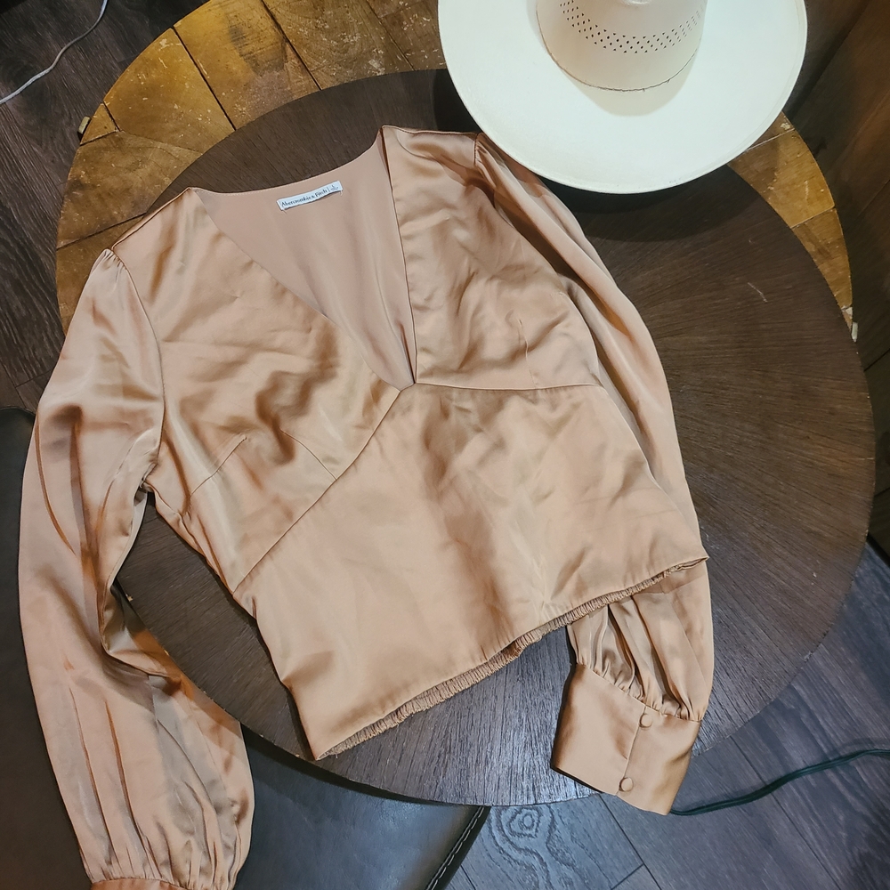 Abercrombie & Fitch Satin V-Neck Blouse in Blush Tan